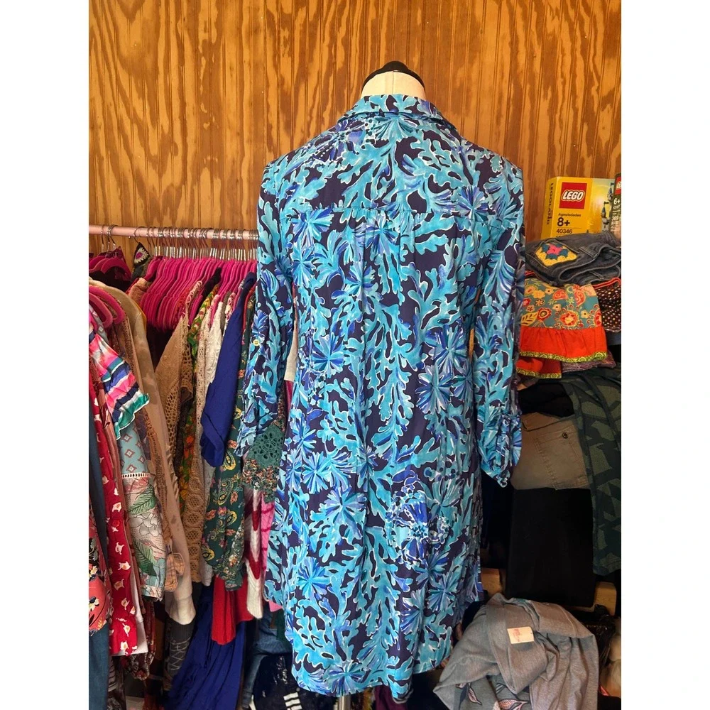 Lilly Pulitzer Blue‎ Floral Coral Print Rayon Button Down Shirt Dress XS Beach